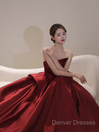 Ball Gown Strapless Burgundy Satin Prom Dress Evening Dress