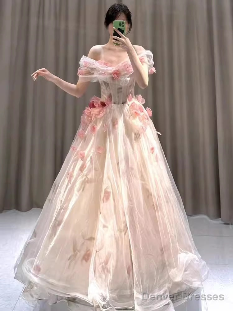 Ball Gown Strapless Champagne Floral Prom Dress Long Party Dresses