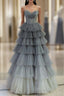 Ball Gown Strapless Tulle Long Gray Prom Dress Evening Dress