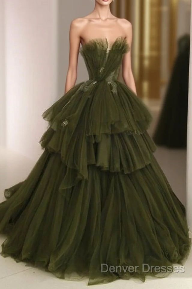 Ball Gown Strapless Tulle Long Green Prom Dress Evening Dress