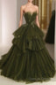 Ball Gown Strapless Tulle Long Green Prom Dress Evening Dress