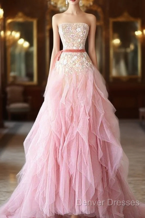 Ball Gown Strapless Tulle Long Pink Prom Dress Evening Dress Main image