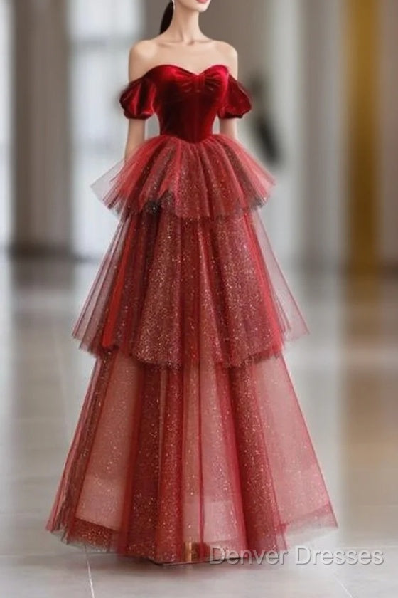 Ball Gown Strapless Tulle Long Red Prom Dress Evening Dress Main image
