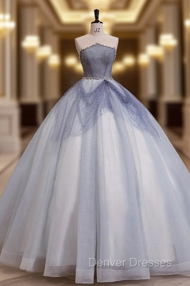 Ball Gown Strapless Tulle Pearls Quinceanera Dress