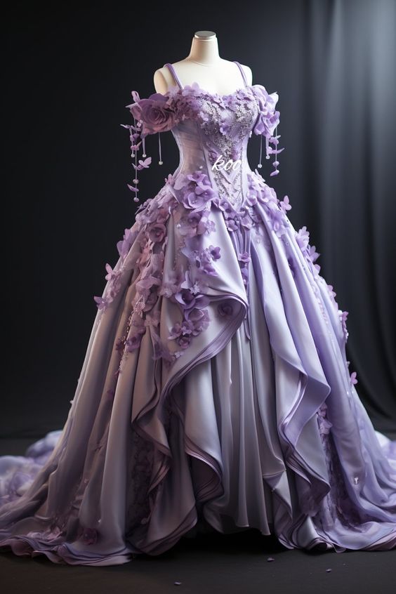 Ball Gown Straps Lilac Satin Floral Sweet 16 Dress