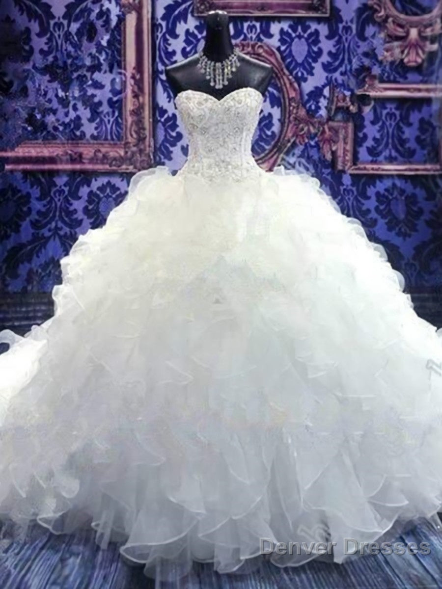Ball Gown Sweetheart Cathedral Train Organza Wedding Dresses With Beading