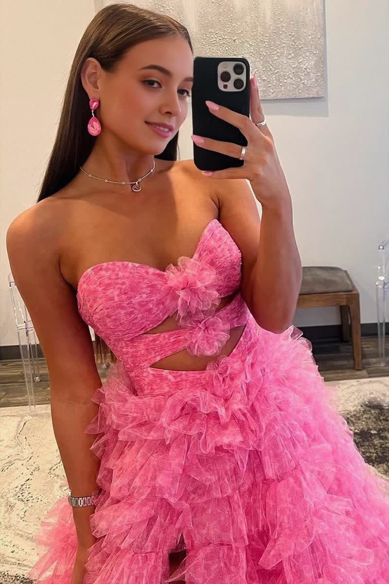 Ball Gown Sweetheart Pink Tiered Printed Tulle Prom Dress Secondary image