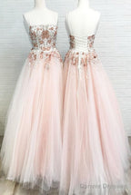 Ball Gown Tulle Long Prom Dresses With Appliques And Beading