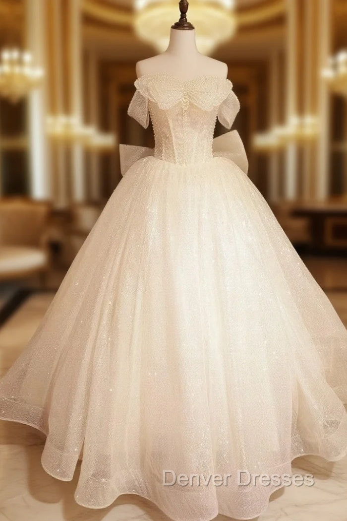 Ball Gown Tulle Off the Shoulder Pearl Wedding Dress Main image