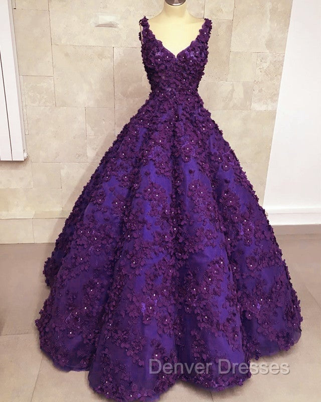 Ball Gown V Neck Dress With 3D Lace Flowers Secondary image