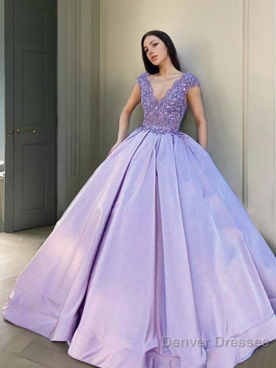 Ball Gown V-neck Floor-Length Satin Evening Dresses With Beading Main image