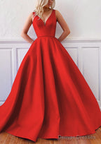 Ball Gown V Neck Sleeveless Satin Sweep Train Prom Dresses
