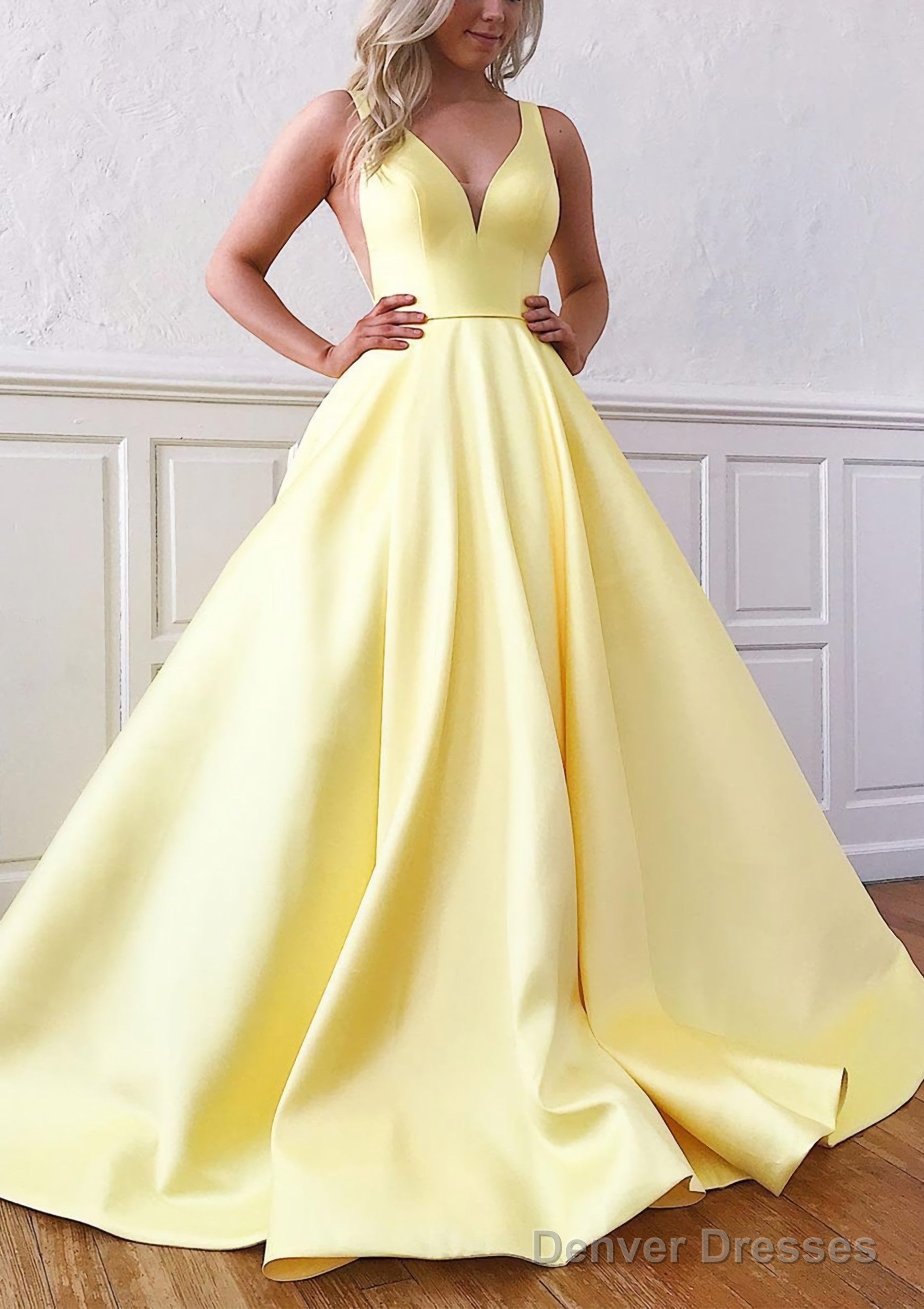 Ball Gown V Neck Sleeveless Satin Sweep Train Prom Dresses