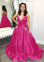 Ball Gown V Neck Spaghetti Straps Sweep Train Satin Prom Dresses With Pockets Beading