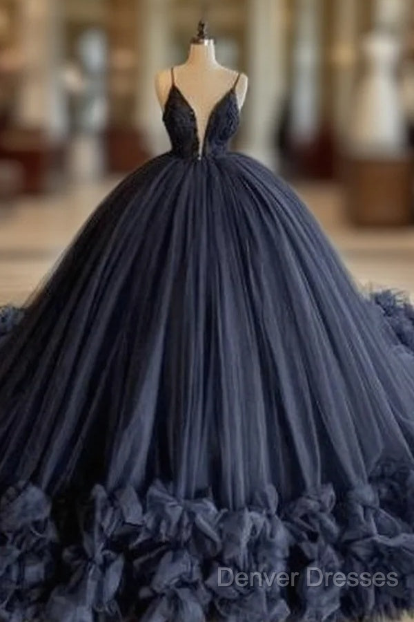 Ball Gown V Neck Tulle Black Wedding Dress Spaghetti Straps Evening Dress Main image