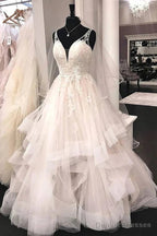 Ball Gown V Neck Tulle Lace Wedding Dresses A Line Floor Length Beautiful