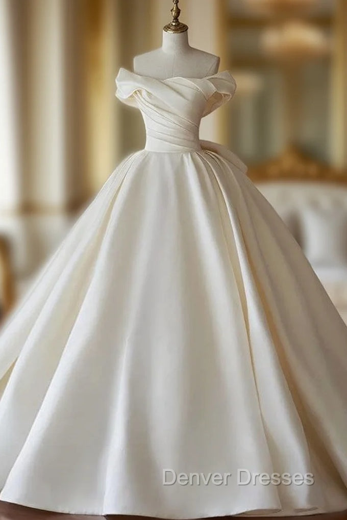 Ball Gown White Satin Off the Shoulder Pleats Wedding Dress Main image