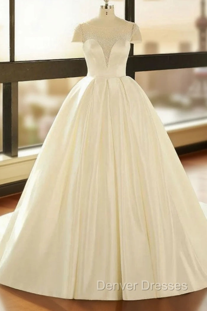 Ball Gown White Satin See Through Cap Sleeve Wedding Dress Main image