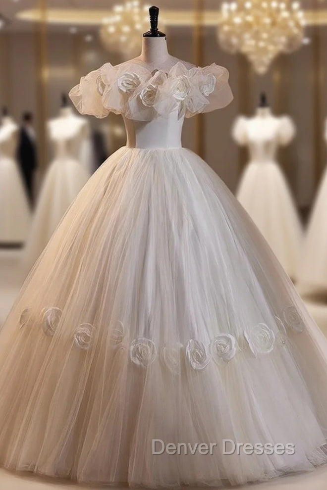 Ball Gown White Tulle 3D Flower Wedding Dress Main image