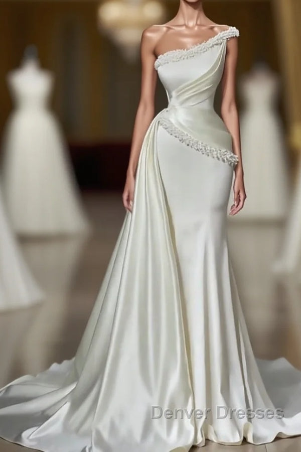 Chic Sleeveless Wedding Gowns With Beads Long White One Shoulder Main image