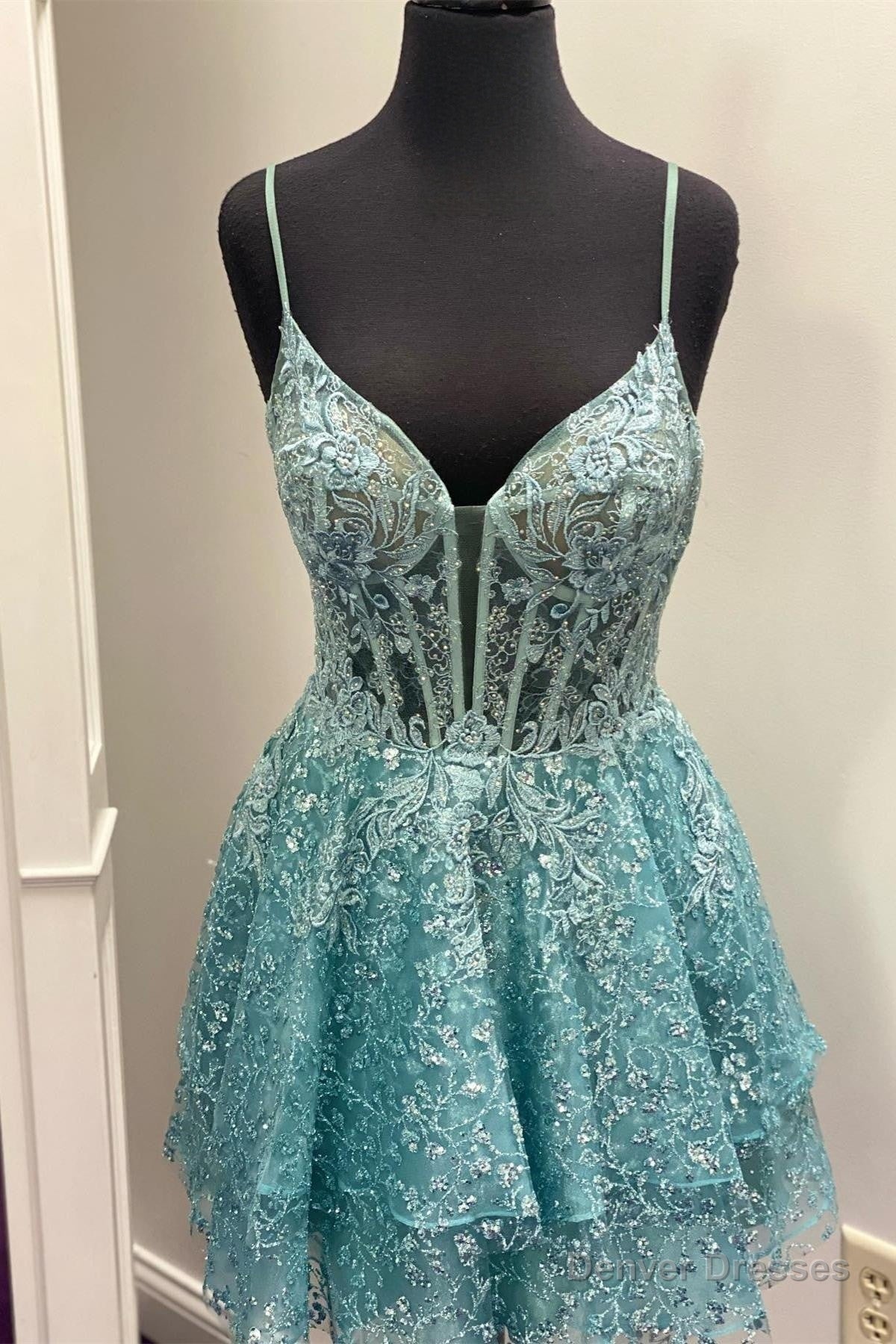 Turquoise Straps Deep V Neck Appliques A-line Multi-Layers Homecoming Dress Main image