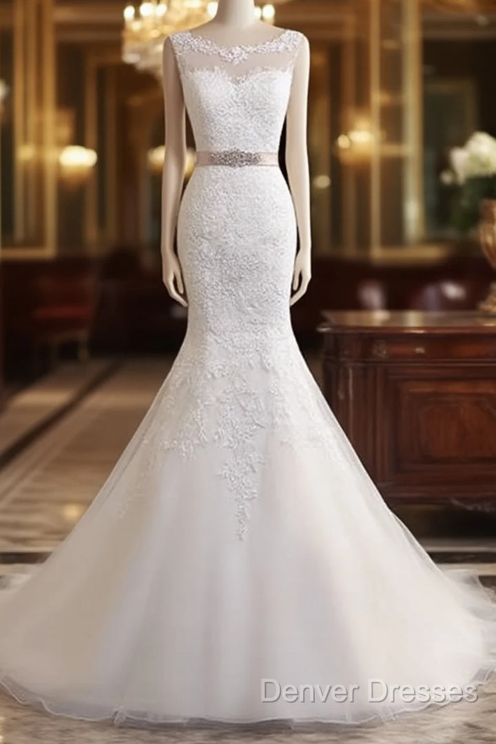 Bateau Neckline Mermaid Tulle Lace Wedding Dress With Appliques Main image