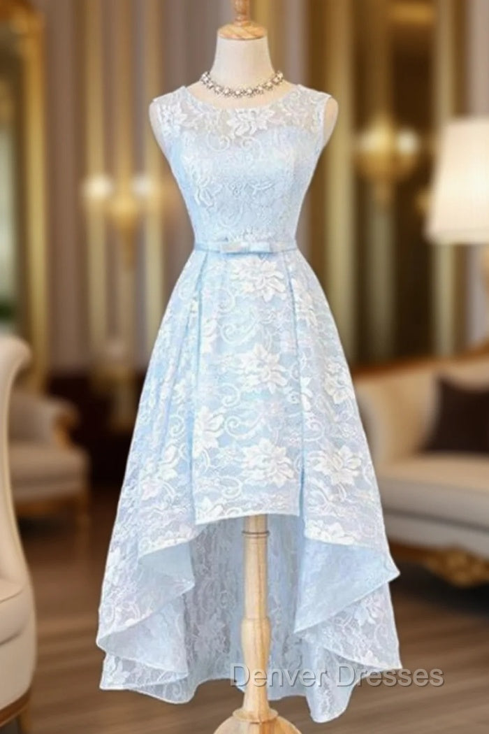 Bateau Sleeveless Asymmetrical A-line/Princess Lace Prom Dress With Waistband Bowknot