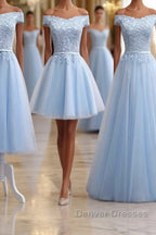 Sky Blue A Line Lace Off Shoulder Prom Dress, Lace Evening Dress