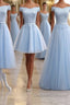 Sky Blue A Line Lace Off Shoulder Prom Dress, Lace Evening Dress