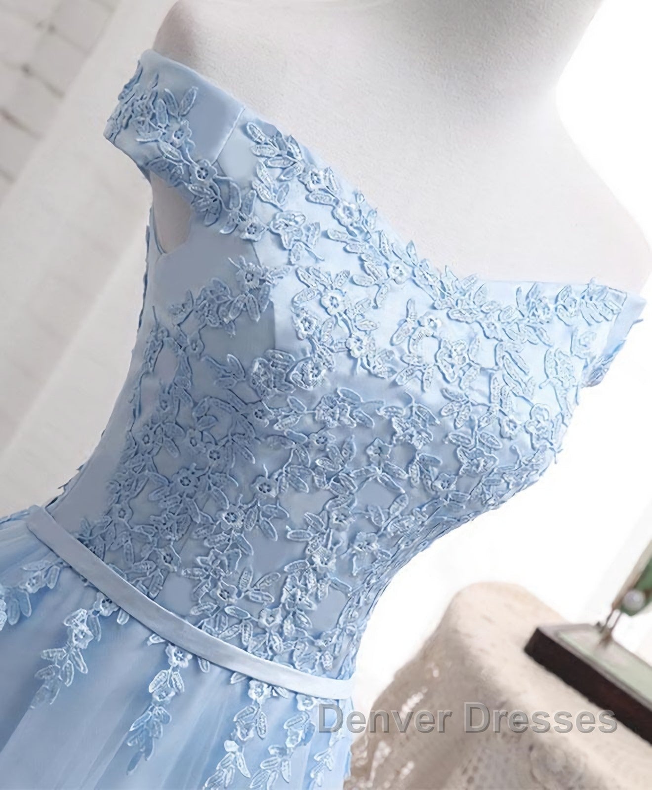 Sky Blue A Line Lace Off Shoulder Prom Dress, Lace Evening Dress Secondary image