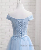 Sky Blue A Line Lace Off Shoulder Prom Dress, Lace Evening Dress