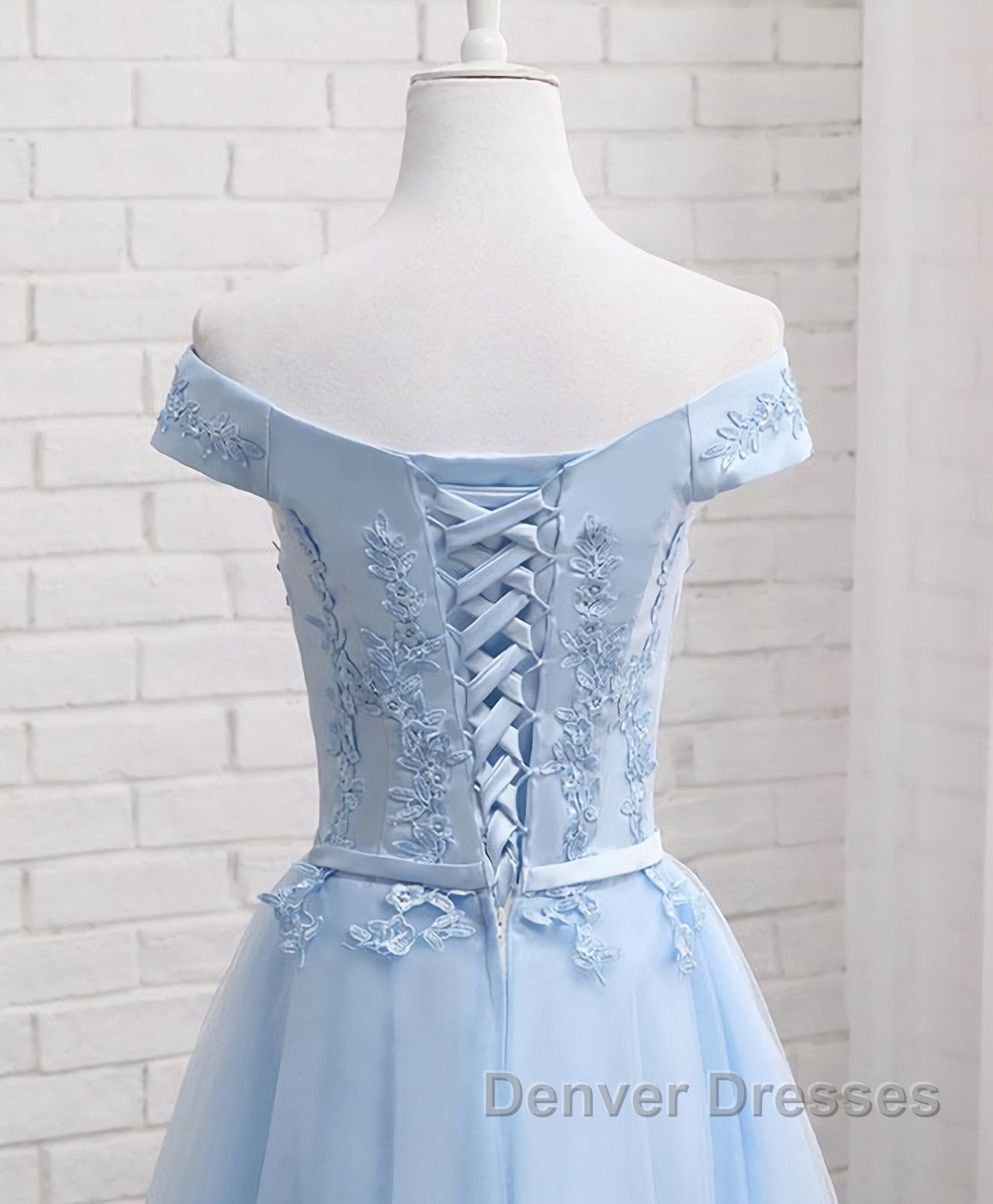 Sky Blue A Line Lace Off Shoulder Prom Dress, Lace Evening Dress