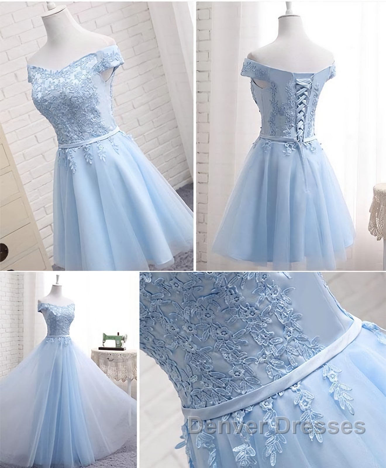 Sky Blue A Line Lace Off Shoulder Prom Dress, Lace Evening Dress