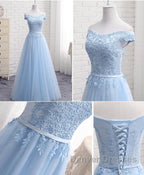 Sky Blue A Line Lace Off Shoulder Prom Dress, Lace Evening Dress