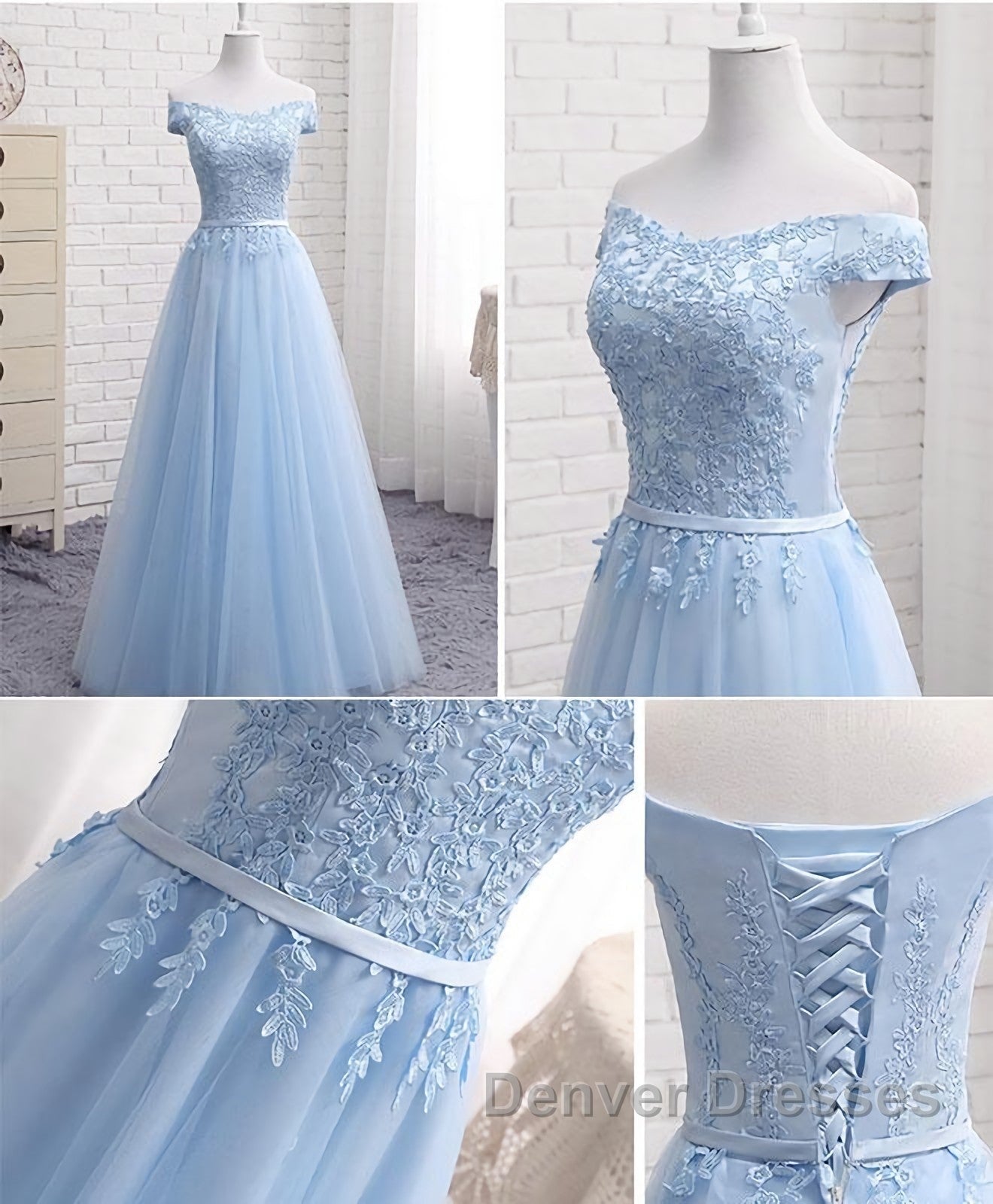 Sky Blue A Line Lace Off Shoulder Prom Dress, Lace Evening Dress