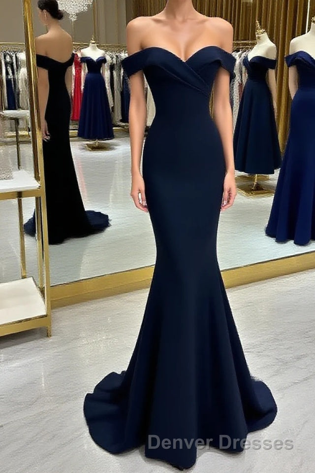Long Navy Prom Dress Mermaid Off-the-Shoulder Sweetheart Sleeveless