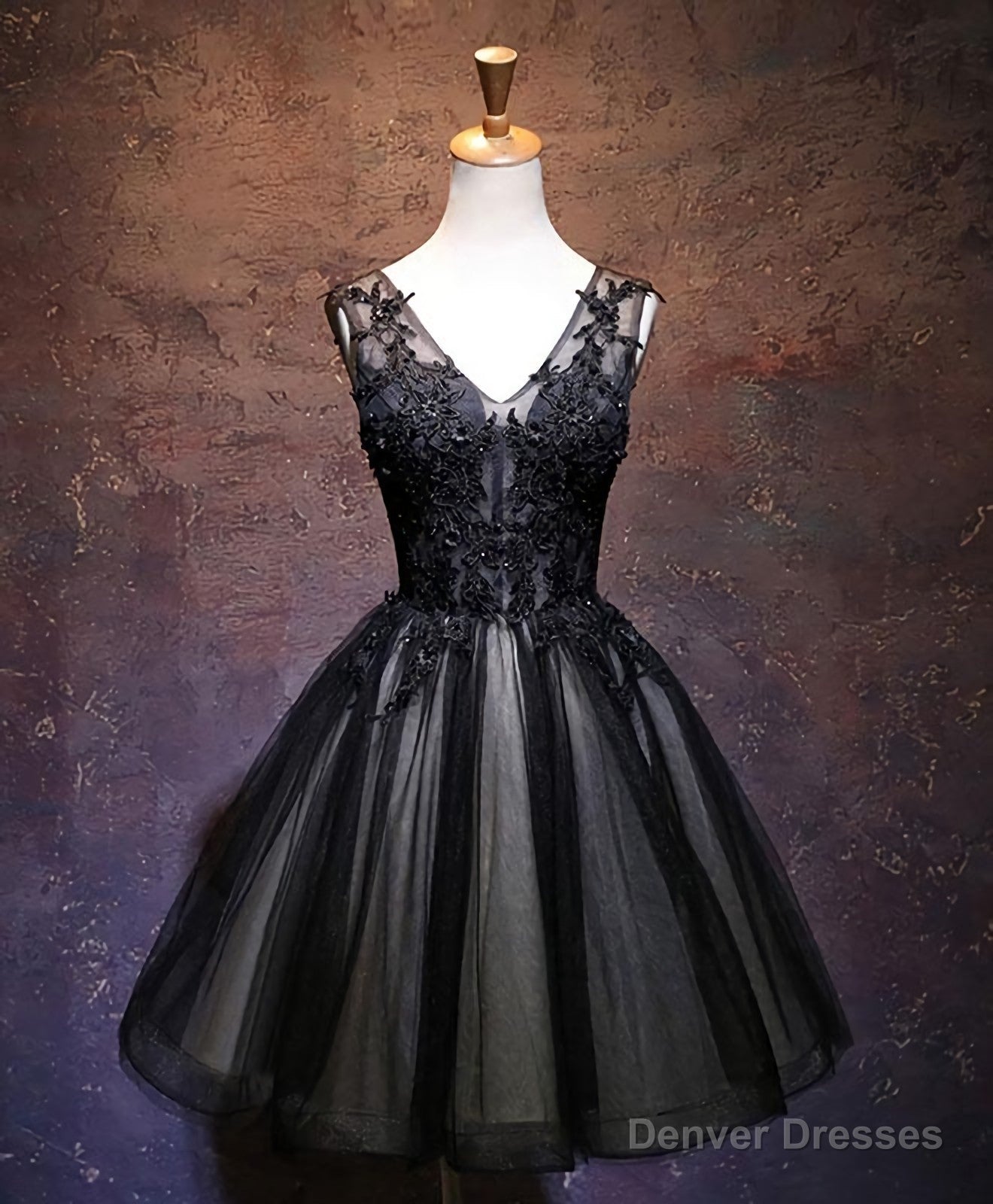 Black V Neck Lace Short Prom Dress, Black Party Dress Main image