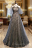 Be Crowned Prom Queen In Short Sleeves Halter Gray Tulle Sparkle Sequin Backless Prom Dress