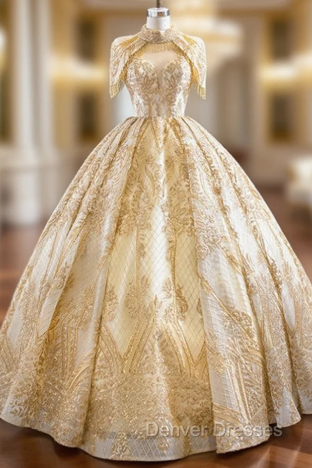Be The Prom Queen Gold Ball Gown Sequins Sweetheart Neck Pleats Long Wedding Dress Main image