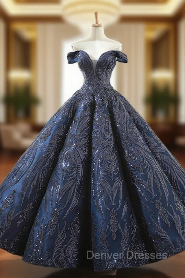 Be The Prom Queen In Navy Blue Sequins Ball Gown Off The Shoulder Prom Dress Main image