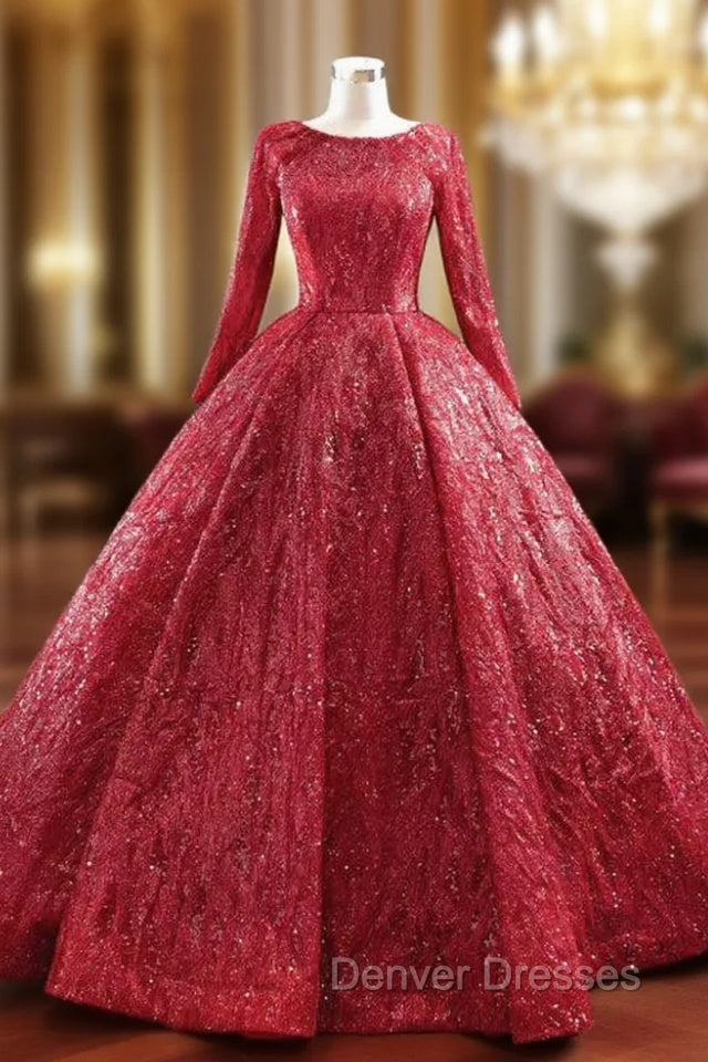 Be The Prom Queen In Red Ball Gown Sequins Long Sleeve Formal Prom Dress Main image