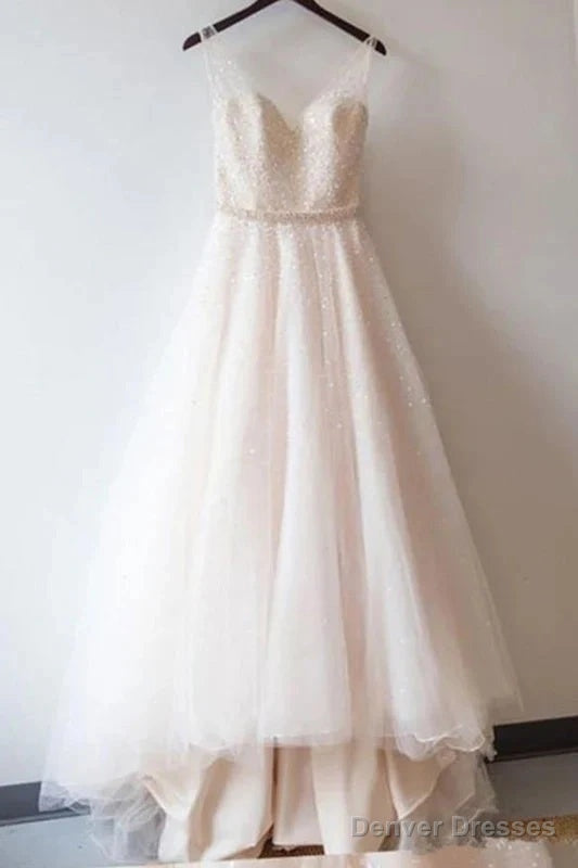 Beach Sequined Shining V Neck Prom Gowns Beaded Wedding Dress
