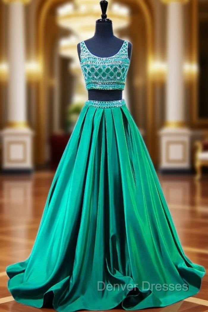 Beaded Crystals Beaded Floor Length Backless Two Piece Prom Dress