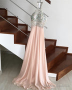Beaded Halter Open Back Long Chiffon Prom Dresses