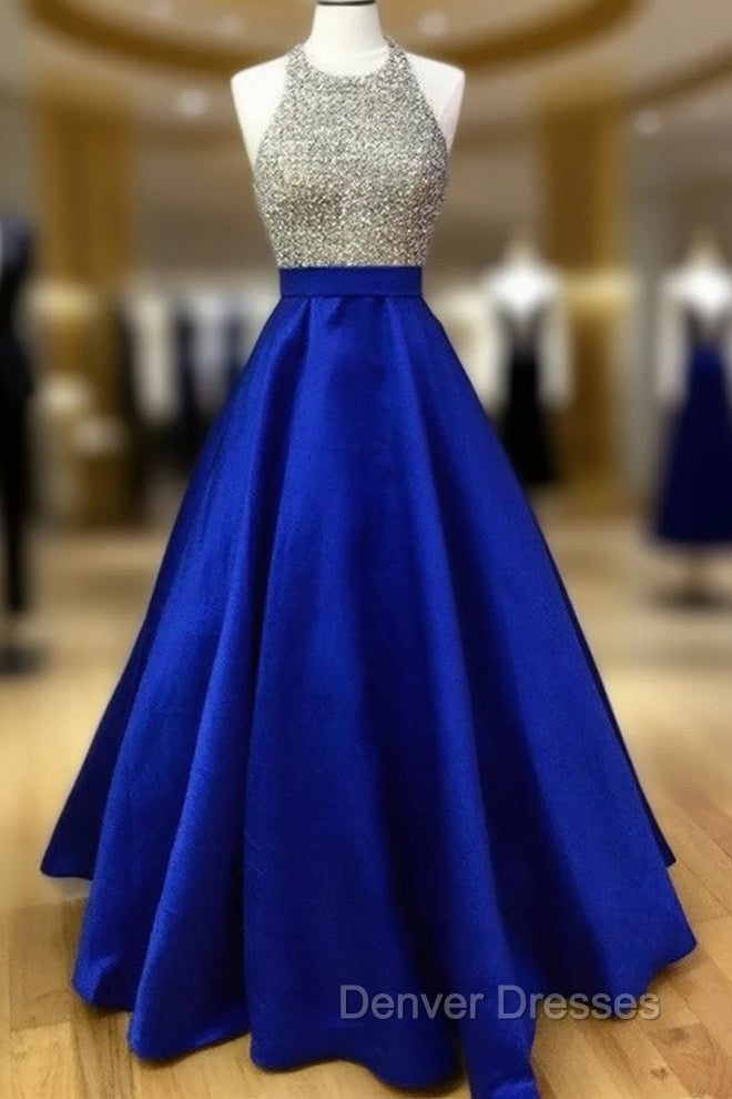 Beaded Halter Satin Ball Gown Prom Dress With Pockets