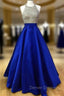 Beaded Halter Satin Ball Gown Prom Dress With Pockets