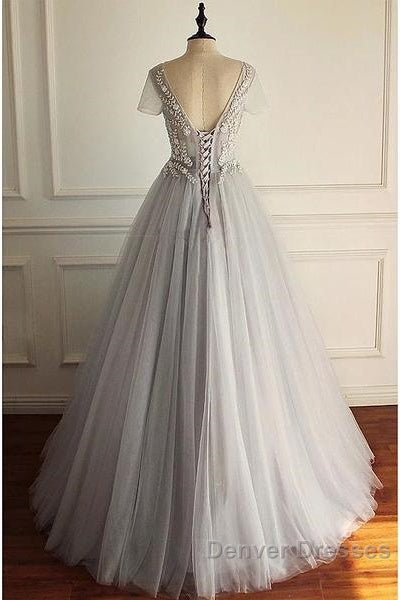 Beaded Lace Appliques Tulle V-Neck Gray A-Line Wedding Dress Secondary image
