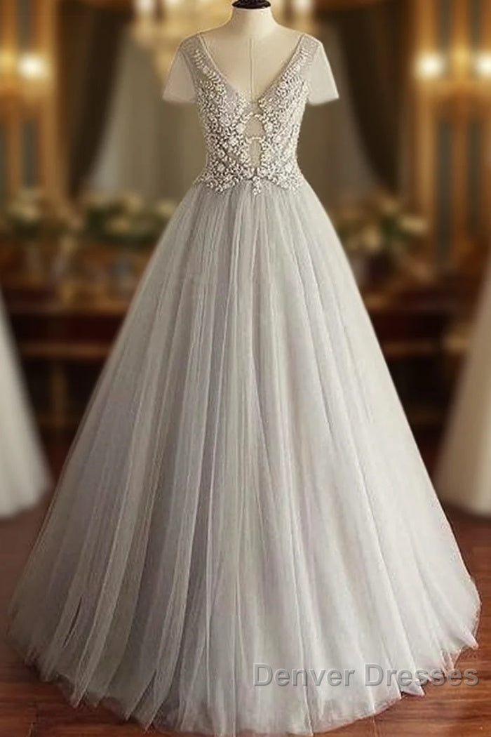 Beaded Lace Appliques Tulle V-Neck Gray A-Line Wedding Dress