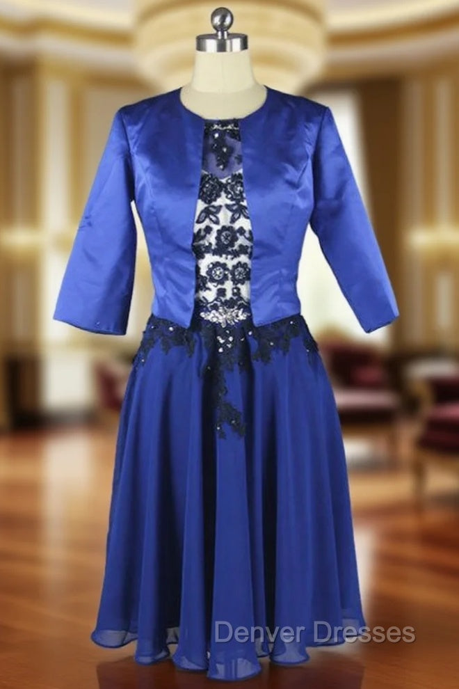 Beaded Lace Chiffon Knee Length Blue Mother Of The Bride Dress Main image