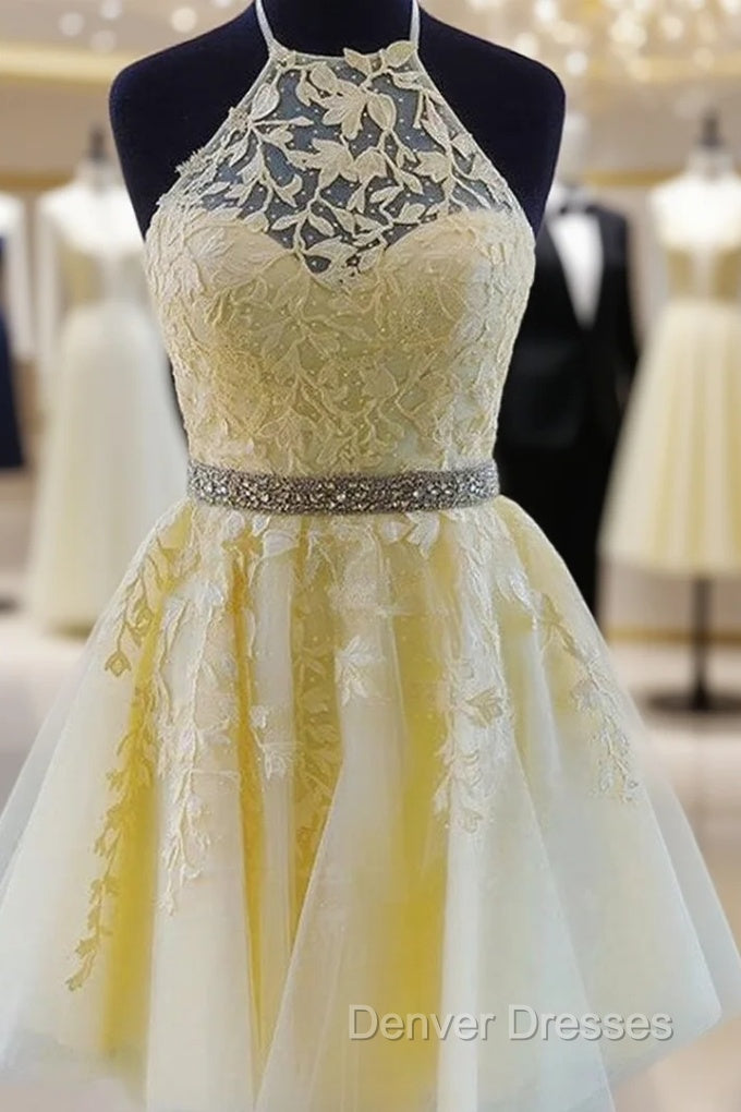 Beaded Lace Tulle A-line Halter Mini Homecoming Dress Main image